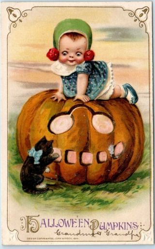 Vintage Winsch Freixas Halloween Postcard Baby Girl On Jol / Cat Kitten C1910s