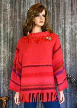 Vintage 60s Red Wool Fringe Sweater 100 Virgin Wool Pullover Made In Norway M/l