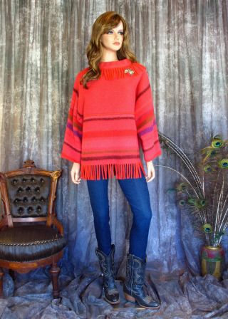 Vintage 60s Red Wool Fringe Sweater 100 Virgin Wool Pullover Made in Norway M/L 2