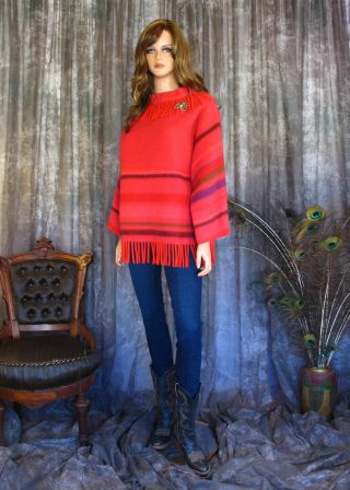 Vintage 60s Red Wool Fringe Sweater 100 Virgin Wool Pullover Made in Norway M/L 3