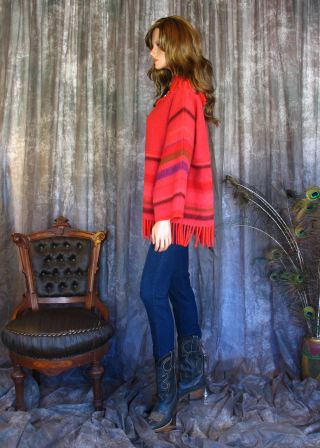 Vintage 60s Red Wool Fringe Sweater 100 Virgin Wool Pullover Made in Norway M/L 6