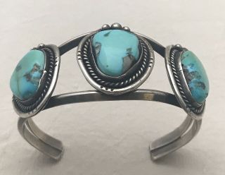 Chunky Vintage Navajo Cuff Bracelet 3 Turquoise Stones Sterling Silver