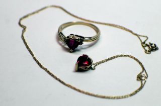 Designer Vintage Set 10k Gold Heart Shape Ruby Ring - Sz - 7 (july) Chain - 18 " 2.  72gr