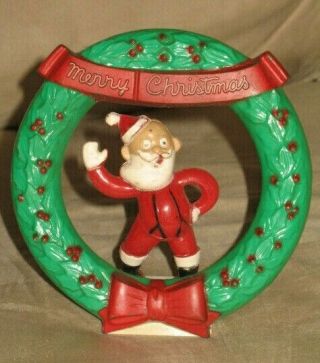 Vtg - Rosbro Waving Santa Claus W/ Merry Xmas Wreath Figure Plastic Ornament