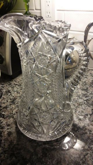 Crystal Glass Vtg Large Antique Cut Lead Pitcher American Brilliant Early 1900 