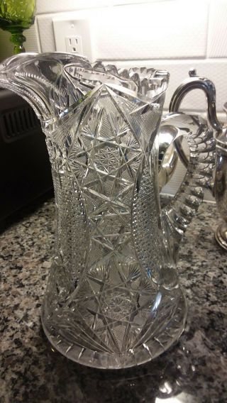 Crystal Glass Vtg Large Antique Cut Lead Pitcher American Brilliant Early 1900 ' s 2