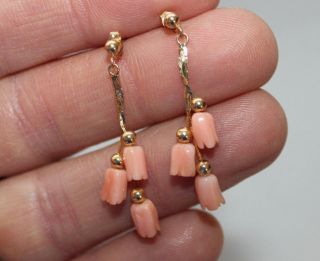 Vintage 14k Yellow Gold Pink Coral Flowers Florets Dangle Earrings Pierced