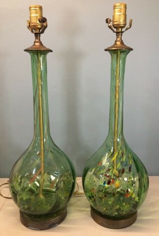 Pair Vintage Murano Tall Art Glass W/ Brass Green Twists/swirls Table Lamps