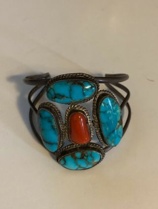 Vintage Native American Sterling Silver Turquoise Coral Cuff Bracelet