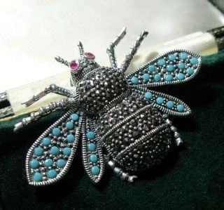 Huge Sterling Silver Art Deco Style Marcasite Turquoise Crystal Bee Pendant