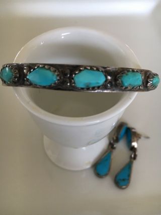 Vtg.  Penketewa Zuni Blue Turquoise Cuff Sterling Bracelet Gomes Earrings Native