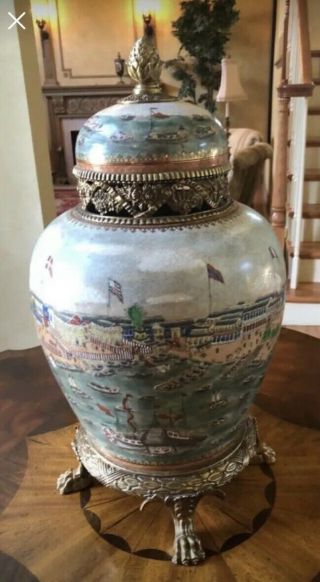 Vintage United Wilson Juwc Brass Footed Porcelain Hand Painted Urn / Ginger Jar