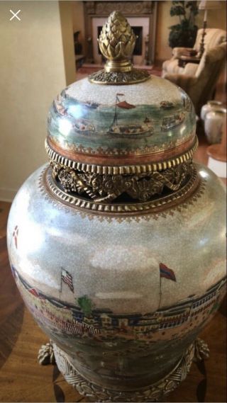 Vintage United Wilson JUWC Brass Footed Porcelain Hand Painted Urn / Ginger Jar 3