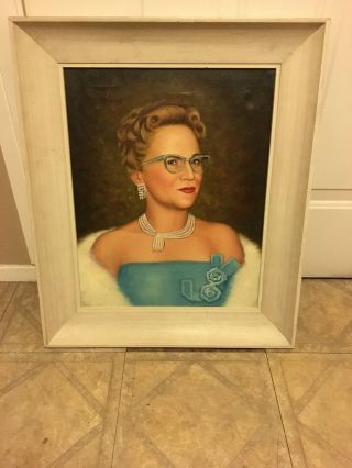Gorgeous Old Vintage Portrait Oil Painting On Canvas Woman Pearls Mid Century