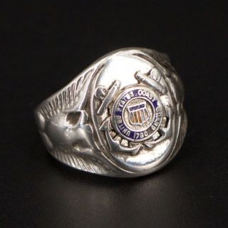 Vtg Sterling Silver - Us Coast Guard Enamel Eagle Military Ring Size 8 - 10g