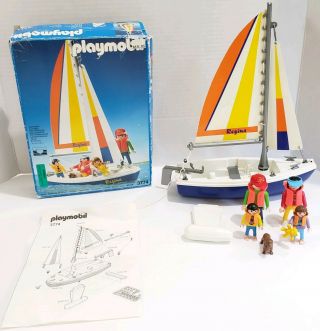 Vintage Playmobil Geobra 3774 Sailboat Sail Regina Figures Dog Blue Boat Rudder