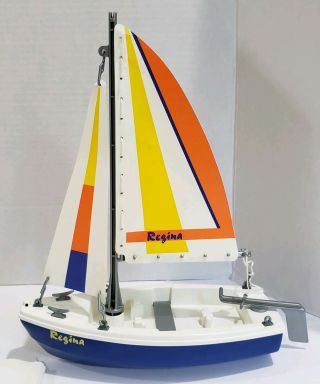 Vintage Playmobil Geobra 3774 Sailboat Sail Regina Figures Dog Blue Boat Rudder 3