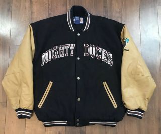Vtg Anaheim Mighty Ducks Varsity Jacket 90s Letterman Leather Jersey Starter Xl