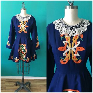 Vintage 1960s Irish Dance Dress Navy Blue Embroidered Crochet Full Skirt Celtic