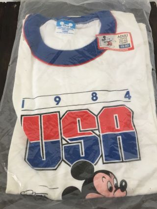 Nos Vtg 80s Mickey Mouse Usa 1984 La Los Angeles Olympics Disney Ringer T - Shirt