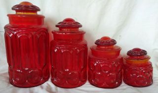Vtg L.  E.  Smith Moon And Stars Amberina Red Glass Canister Set Flour Sugar Coffee