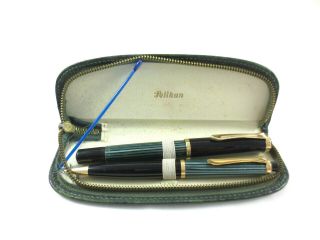 Pelikan 400 Fountain Pen F - Size 14k Gold Nib,  Pencil Green Striped Vintage Set