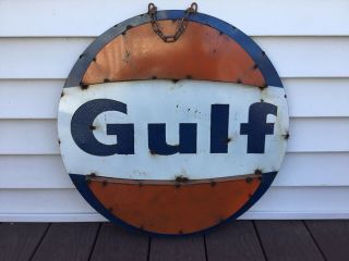 Vintage 23 " Gulf Motor Oil Metal Sign Gas Station Advertising Sign With Chain