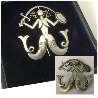 Antique Vintage Scandinavian Silver Pewter Mermaid Warrior Signed Brooch Pin