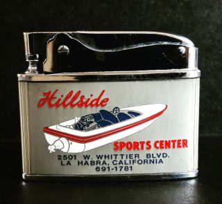 Vintage Advertising Flat Lighter Hillside Sports Race Boat California Rare