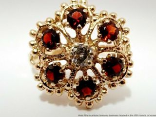 14k Gold Fine Vintage 0.  11ct Diamond Garnet Floral Dome Bypass Ladies Ring Sz6.  5