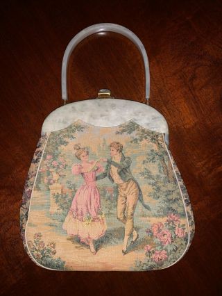Vintage Rialto Lucite And Tapestry Purse With Clasp And Inside Pocket