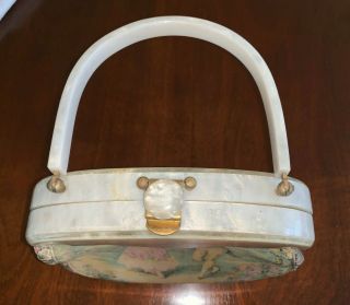 Vintage Rialto Lucite and Tapestry Purse with clasp and inside pocket 4