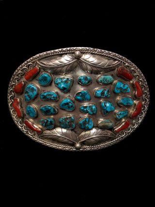 Vintage Western Native American Jerry Roan Belt Buckle Turquoise And Coral