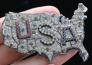 Vtg Quality Silver Tone Multi Color Rhinestone Usa Patriotic Brooch 2 3/4 " M714