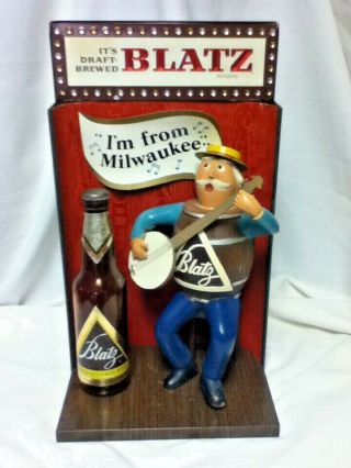 Blatz Beer Sign Vintage 1958 Cast Metal Barrel Guy Playing Banjo Statue On Stage