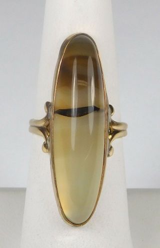 Vintage 10k Yellow Gold Ring W/ An Elongated Oval Opaque Banded Agate - Size 6.  75