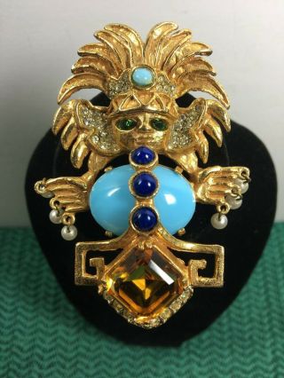 Rare Unique Vintage K.  J.  L " Mayan King " Large Costume Jewelry Pin