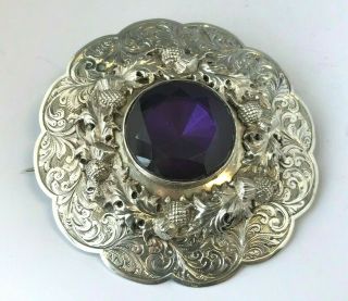 Vintage 19th Century Scottish Decorated Brooch Thistles And A Purple Stone 92mm