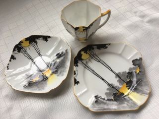 1 Vintage Shelley Trio Sunrise & Tall Trees Cup Saucer Plate Set Art Deco 3 Pc