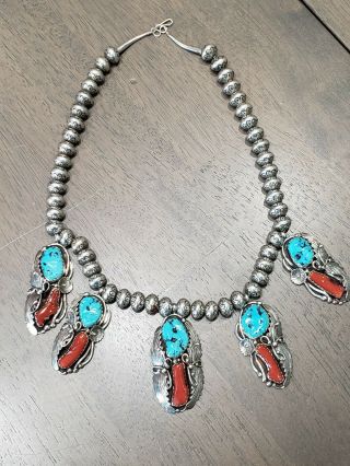 Vintage Rm Sterling Silver Squash Blossom Necklace Turquoise And Red With Ring