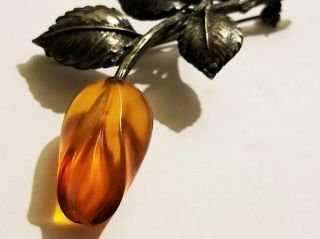 Vintage Baltic Amber Rose Bud 925 Sterling Silver Pin Brooch Hallmarked