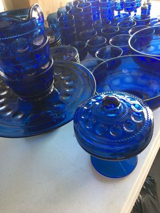 Vintage Cobalt Blue Tiara Glass Kings Crown Thumbprint Dinner Plates 3 Nib