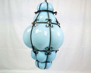 Vintage Handblown Blue Milk Captive Glass Hanging Ceiling Electric Lamp Light