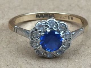 Vintage 1920 Synthetic Blue & White Spinel Yellow Gold 9k Ring Uk Size N
