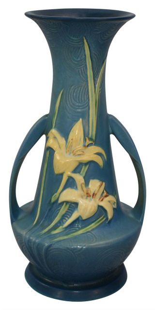 Tall And Vintage Roseville Pottery Zephyr Lily Blue Vase 140 - 12