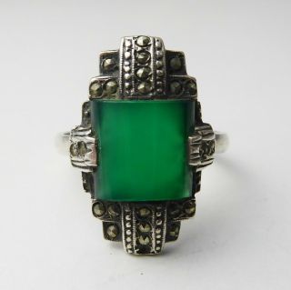 Antique Art Deco Silver & Chrysoprase Green Agate Cocktail Ring