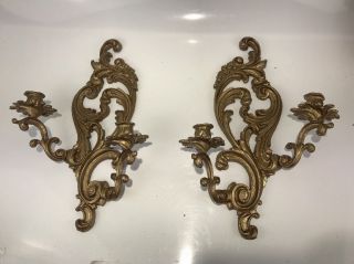 Pair Vintage Gilt Solid Brass Candle Wall Sconce Rococo French Double Arm Bronze