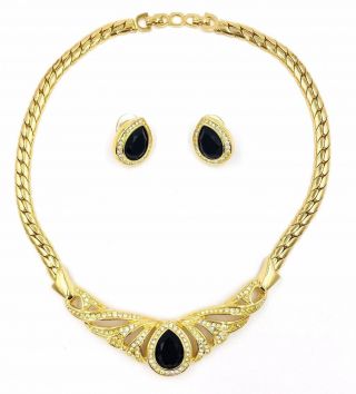 Vintage Christian Dior Onyx Rhinestone Gold Tone Earrings Choker Necklace Set