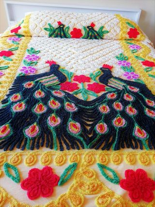 Vintage Chenille Bedspread Double Peacocks 101 " X 90 " Cutter??