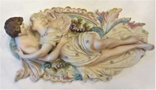 Lovely Vintage Bisque Hand Painted Wall Plaque " Lovers " 3 " X7 " X12 " Capodimonte